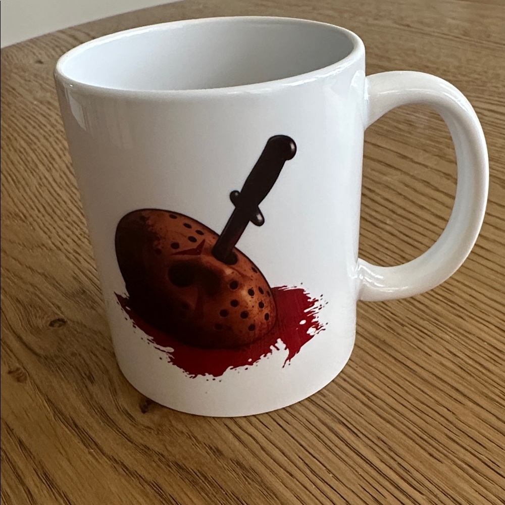 White Jason Voorhees hockey mask and machete Ceramic Coffee Mug